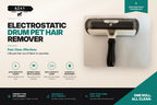 AZAY Electrostatic Drum Pet Hair Remover feature overview: electrostatic power, bidirectional bristle brush, high-capacity collection drum, durable ergonomic handle, reusable with no refills