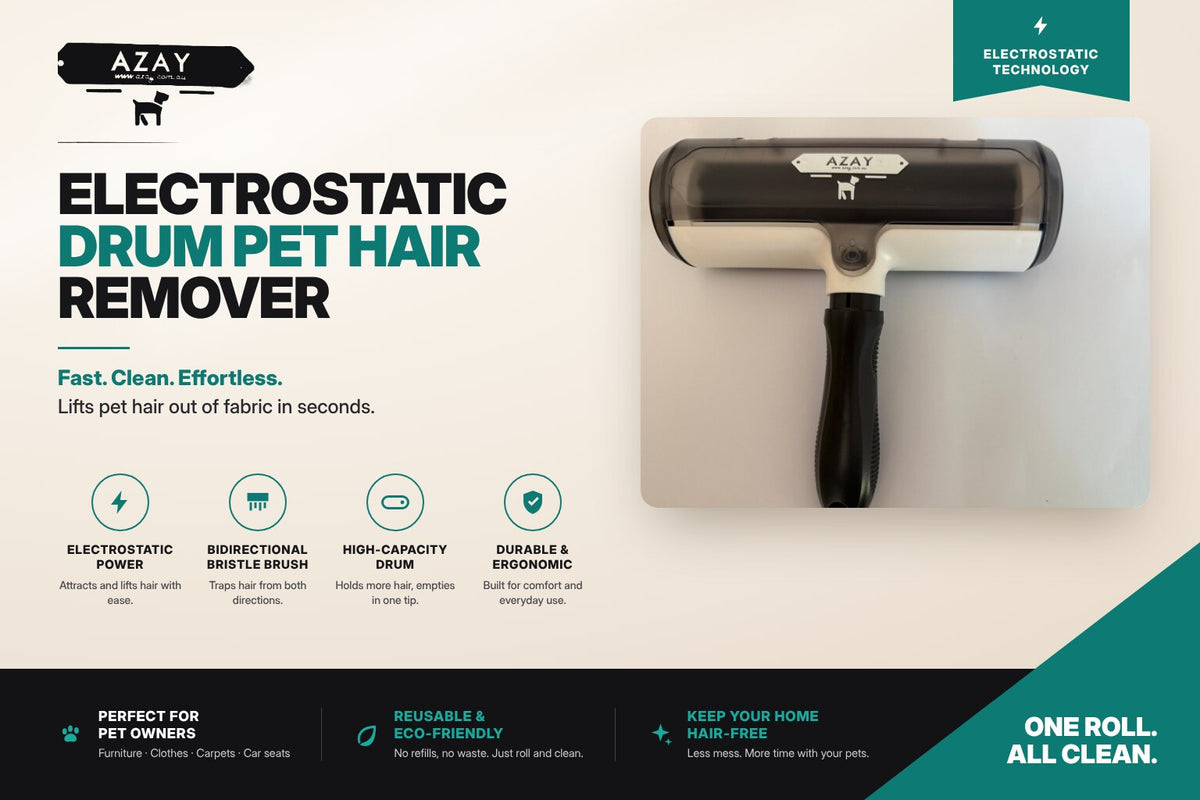 AZAY Electrostatic Drum Pet Hair Remover feature overview: electrostatic power, bidirectional bristle brush, high-capacity collection drum, durable ergonomic handle, reusable with no refills
