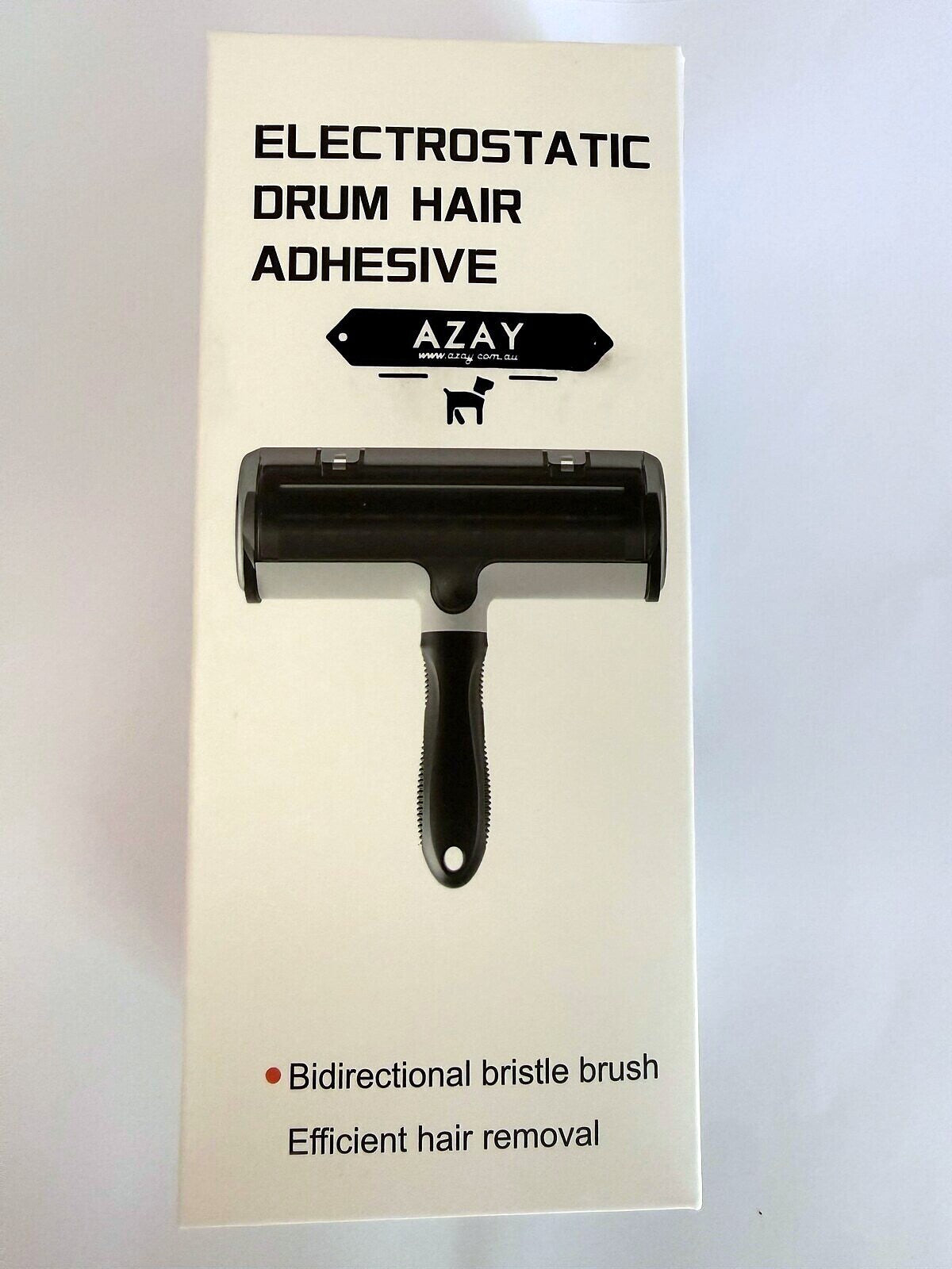 AZAY pet hair remover retail box front showing the roller and bidirectional bristle brush