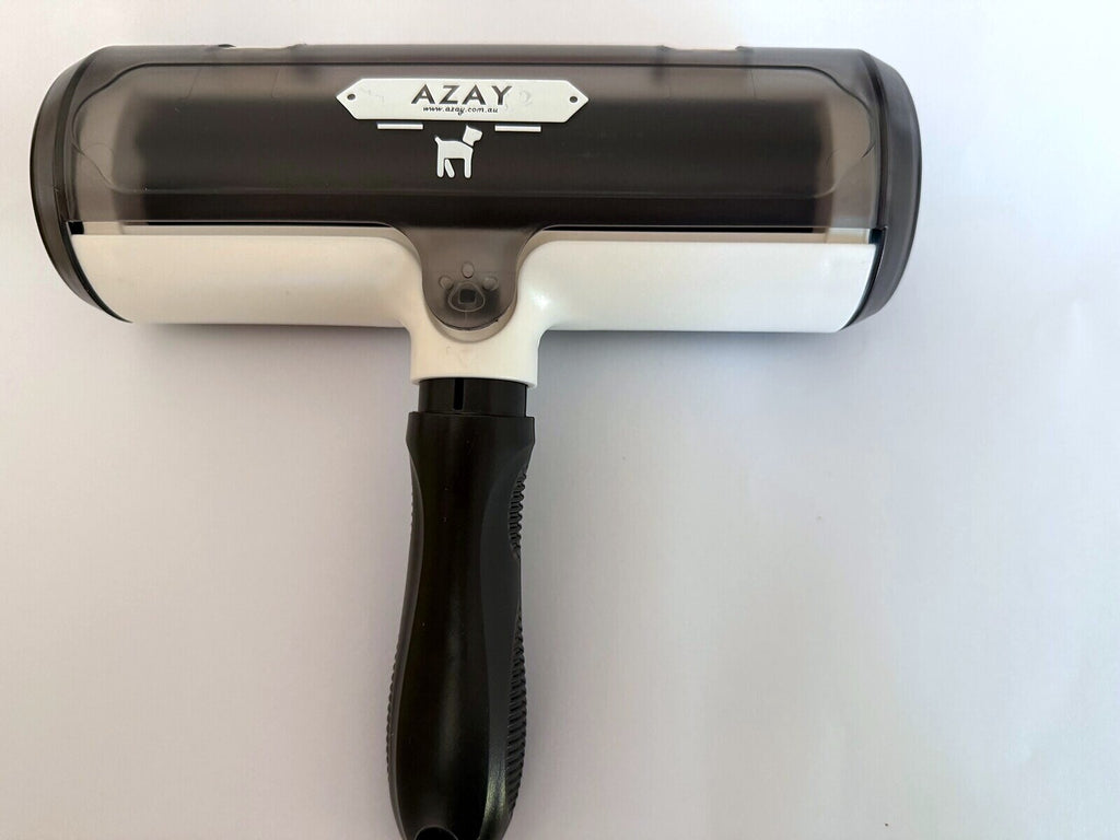 AZAY reusable pet hair remover roller, black with clear collection drum and ergonomic handle