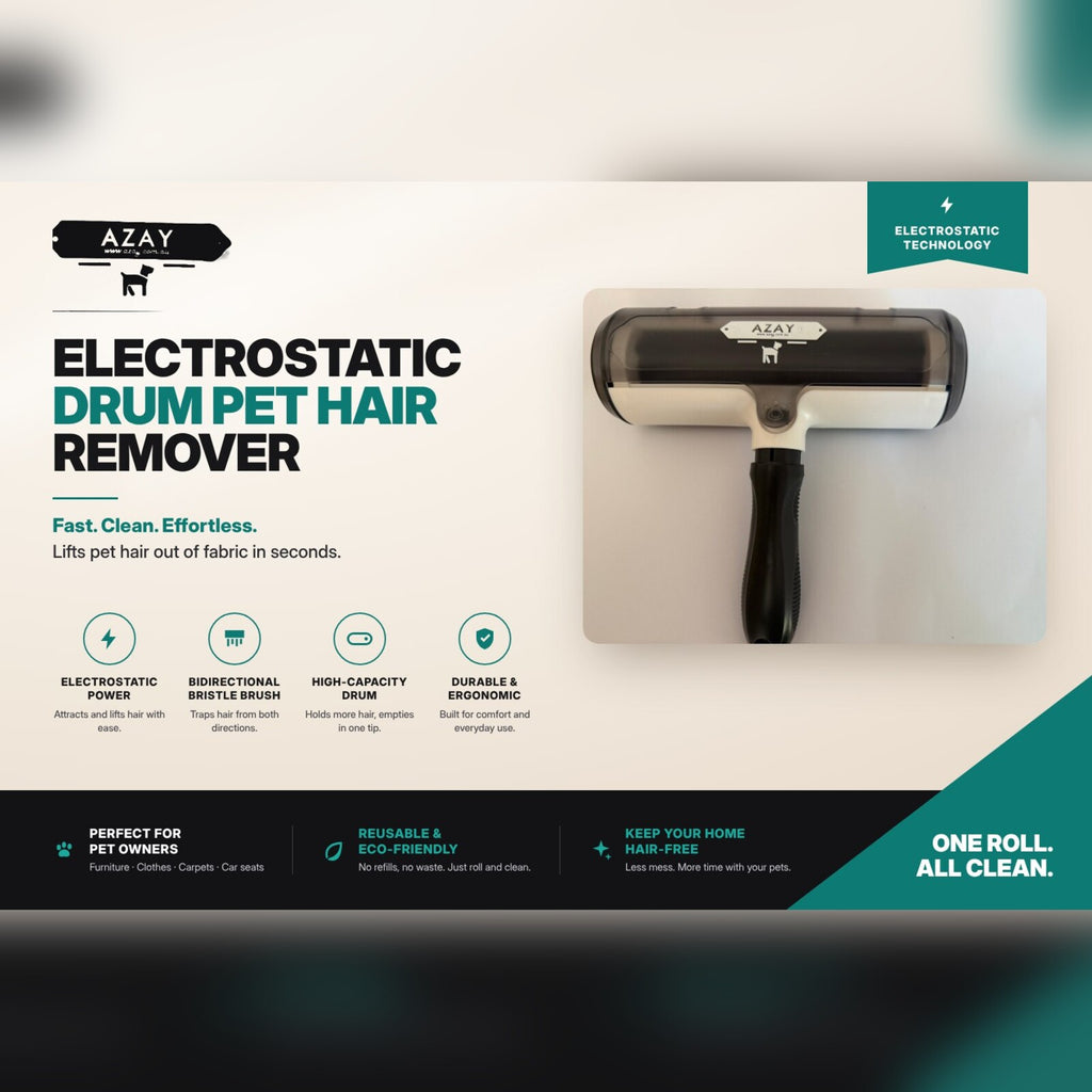 AZAY feature summary: electrostatic drum pet hair remover, no refills
