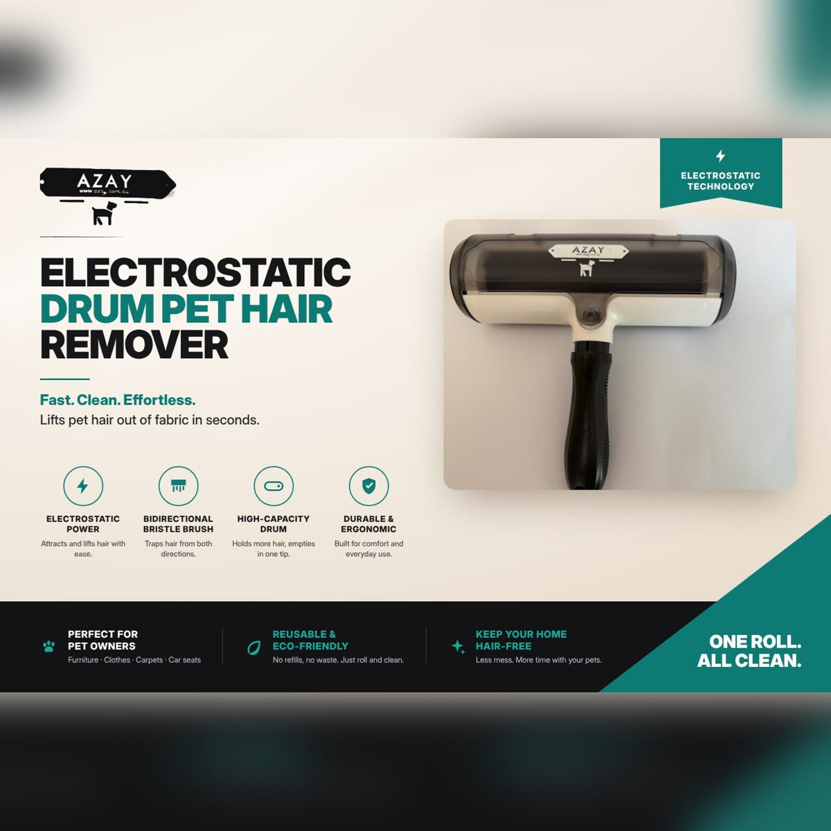 AZAY feature summary: electrostatic drum pet hair remover, no refills