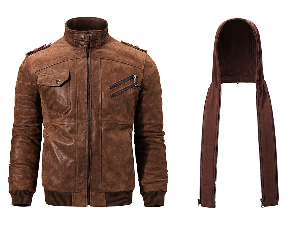 Men's Real Leather Motorcycle Jacket with Removable Hood
