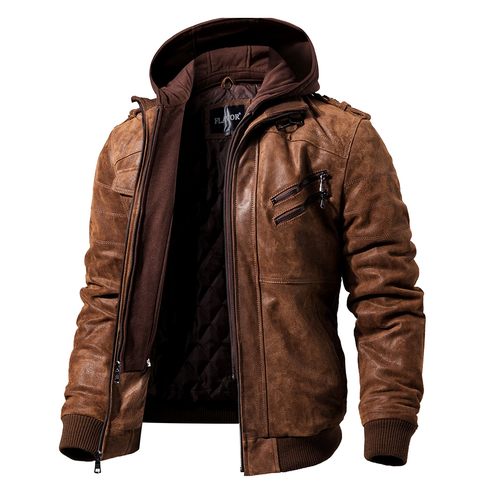 Men's Real Leather Motorcycle Jacket with Removable Hood