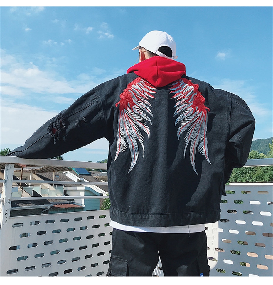 Men's Denim Jacket with Wings Embroidery