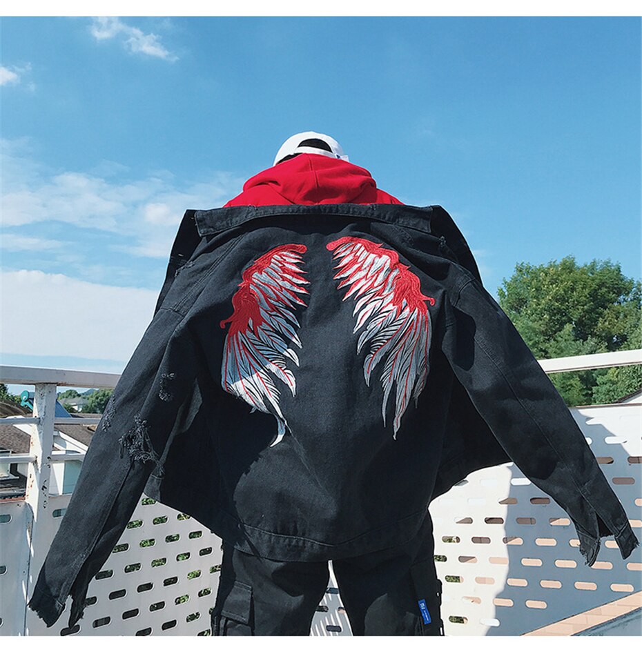 Men's Denim Jacket with Wings Embroidery