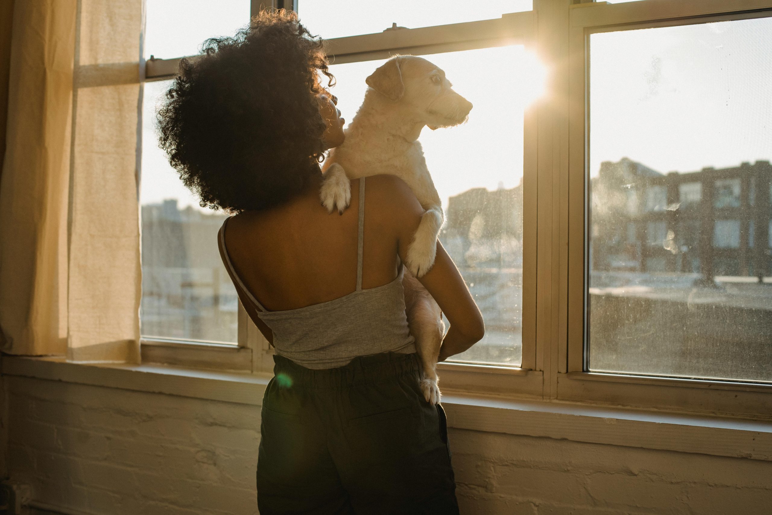 a woman holding a dog by a window